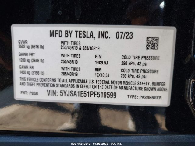 Photo 8 VIN: 5YJSA1E51PF519599 - TESLA MODEL S 