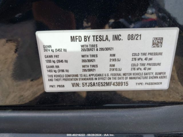 Photo 8 VIN: 5YJSA1E52MF438915 - TESLA MODEL S 