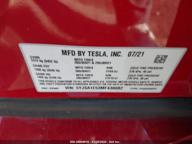 Photo 8 VIN: 5YJSA1E53MF438082 - TESLA MODEL S 