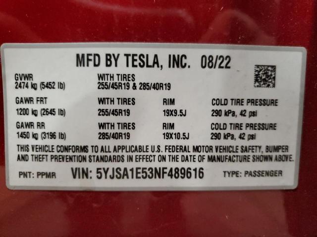 Photo 12 VIN: 5YJSA1E53NF489616 - TESLA MODEL S 