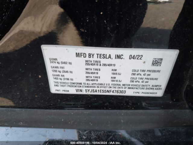 Photo 8 VIN: 5YJSA1E55NF476303 - TESLA MODEL S 