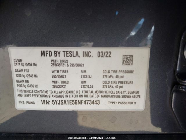 Photo 8 VIN: 5YJSA1E56NF473443 - TESLA MODEL S 