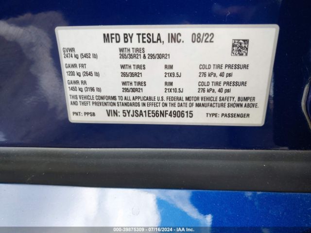 Photo 8 VIN: 5YJSA1E56NF490615 - TESLA MODEL S 