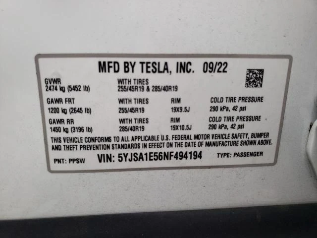 Photo 11 VIN: 5YJSA1E56NF494194 - TESLA MODEL S 