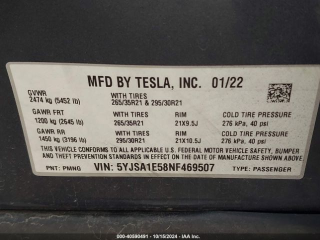 Photo 8 VIN: 5YJSA1E58NF469507 - TESLA MODEL S 