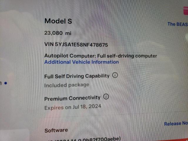 Photo 8 VIN: 5YJSA1E58NF478675 - TESLA MODEL S 