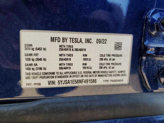 Photo 12 VIN: 5YJSA1E58NF491586 - TESLA MODEL S 