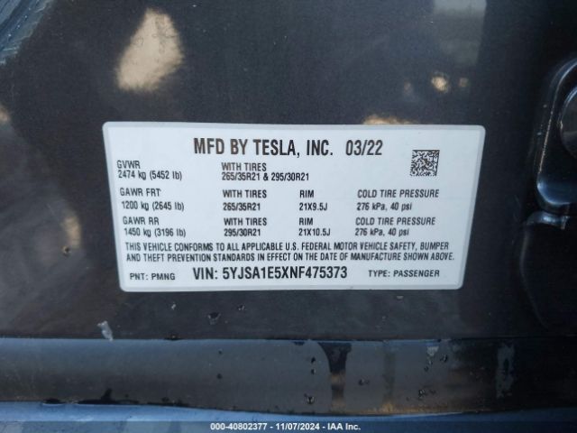 Photo 8 VIN: 5YJSA1E5XNF475373 - TESLA MODEL S 