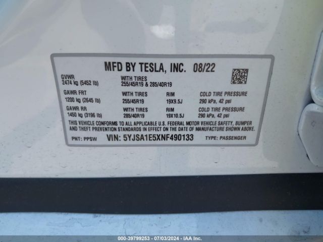 Photo 8 VIN: 5YJSA1E5XNF490133 - TESLA MODEL S 