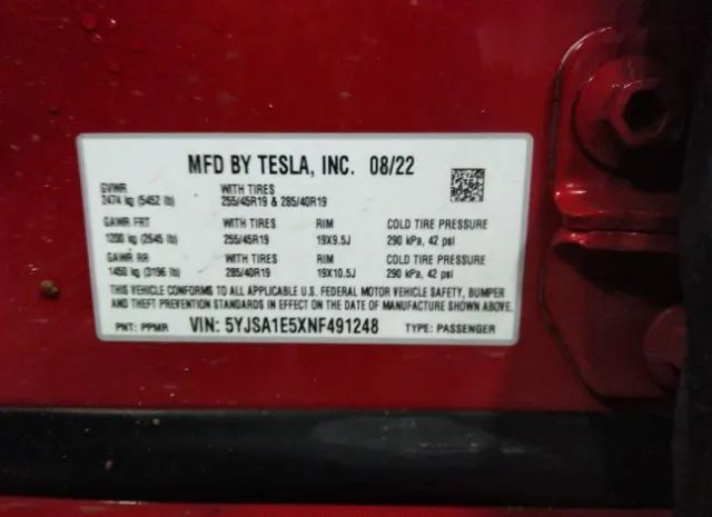 Photo 8 VIN: 5YJSA1E5XNF491248 - TESLA MODEL S 