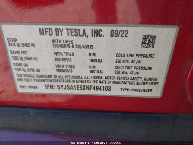 Photo 8 VIN: 5YJSA1E5XNF494103 - TESLA MODEL S 