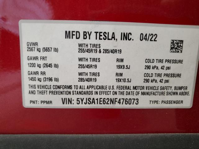 Photo 11 VIN: 5YJSA1E62NF476073 - TESLA MODEL S 