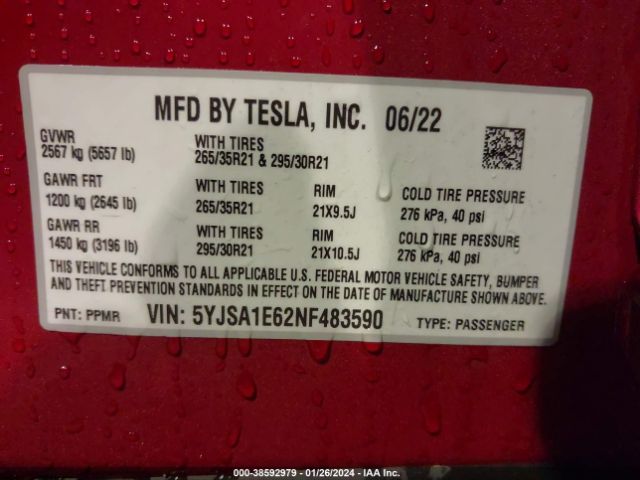 Photo 8 VIN: 5YJSA1E62NF483590 - TESLA MODEL S 