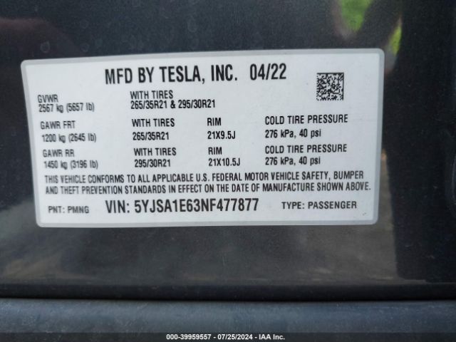 Photo 8 VIN: 5YJSA1E63NF477877 - TESLA MODEL S 