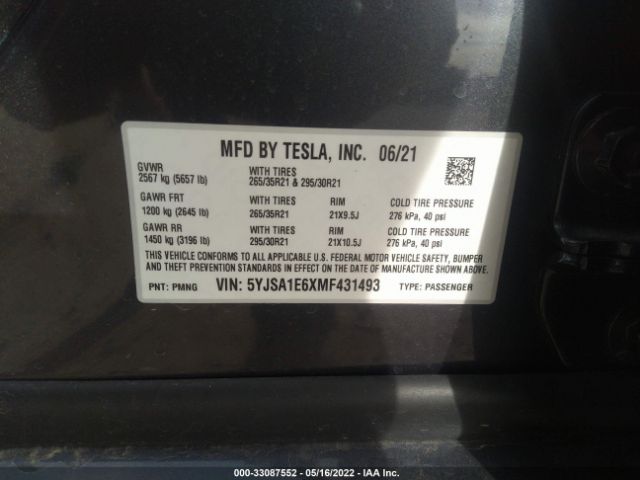 Photo 8 VIN: 5YJSA1E6XMF431493 - TESLA MODEL S 