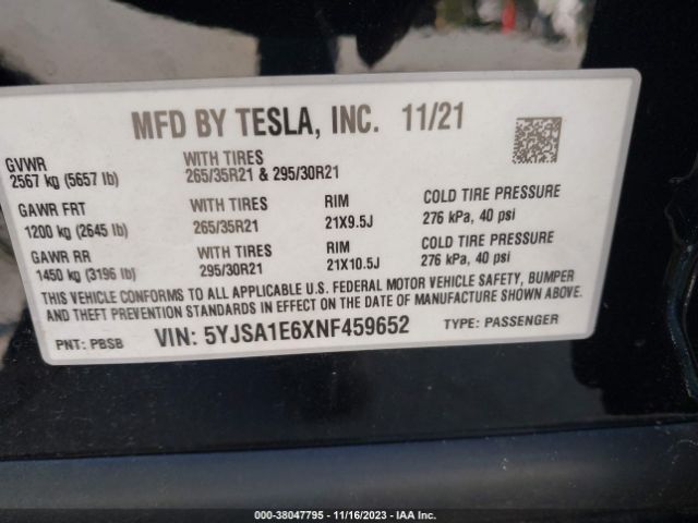 Photo 8 VIN: 5YJSA1E6XNF459652 - TESLA MODEL S 