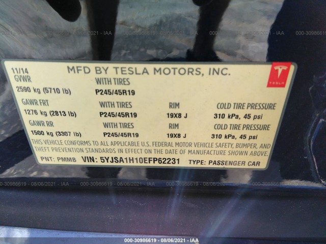 Photo 8 VIN: 5YJSA1H10EFP62231 - TESLA MODEL S 