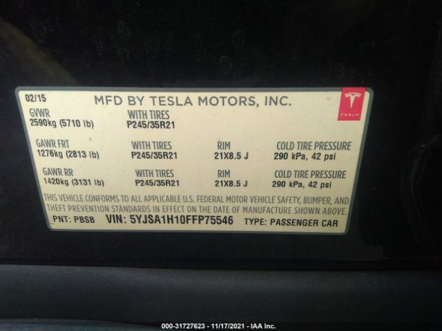 Photo 8 VIN: 5YJSA1H10FFP75546 - TESLA MODEL S 