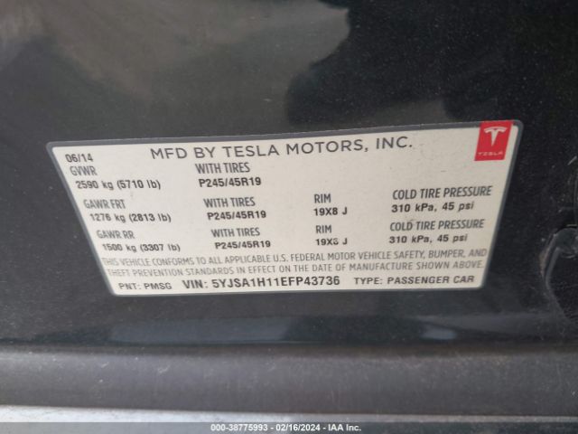 Photo 8 VIN: 5YJSA1H11EFP43736 - TESLA MODEL S 