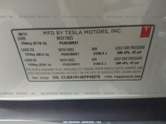 Photo 8 VIN: 5YJSA1H14EFP49076 - TESLA MODEL S 