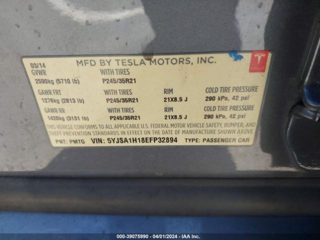 Photo 8 VIN: 5YJSA1H18EFP32894 - TESLA MODEL S 