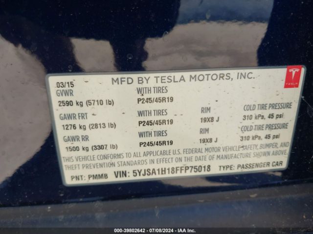 Photo 8 VIN: 5YJSA1H18FFP75018 - TESLA MODEL S 