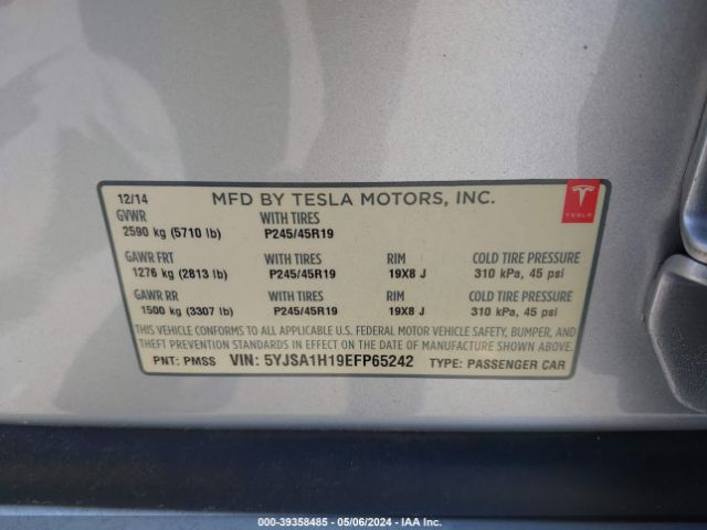 Photo 8 VIN: 5YJSA1H19EFP65242 - TESLA MODEL S 