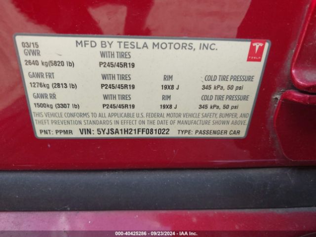 Photo 8 VIN: 5YJSA1H21FF081022 - TESLA MODEL S 