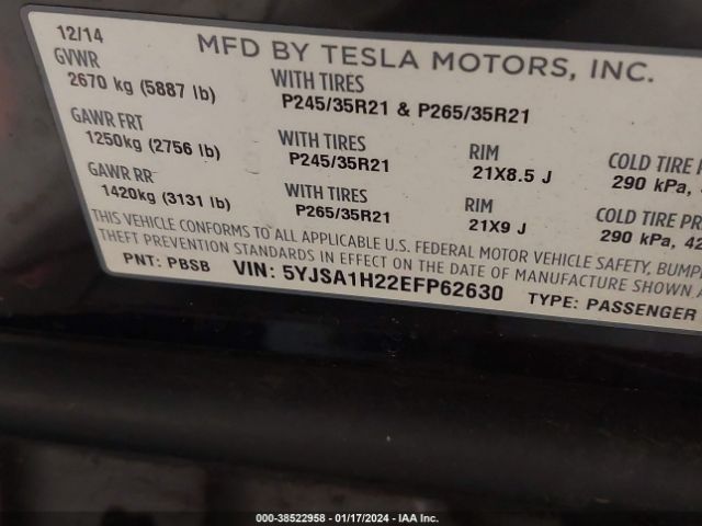 Photo 8 VIN: 5YJSA1H22EFP62630 - TESLA MODEL S 