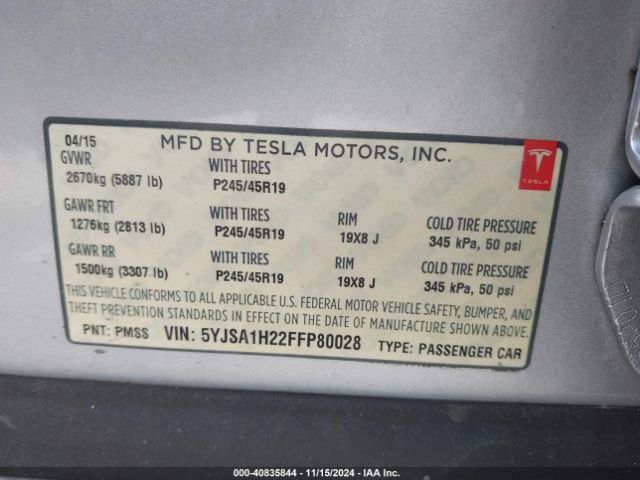 Photo 8 VIN: 5YJSA1H22FFP80028 - TESLA MODEL S 