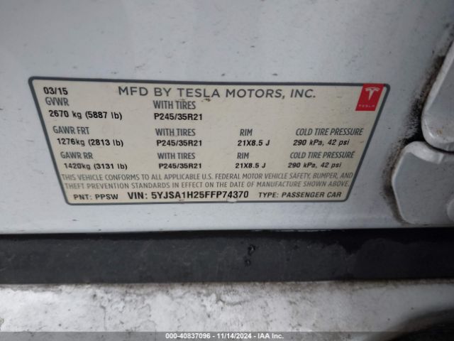 Photo 8 VIN: 5YJSA1H25FFP74370 - TESLA MODEL S 