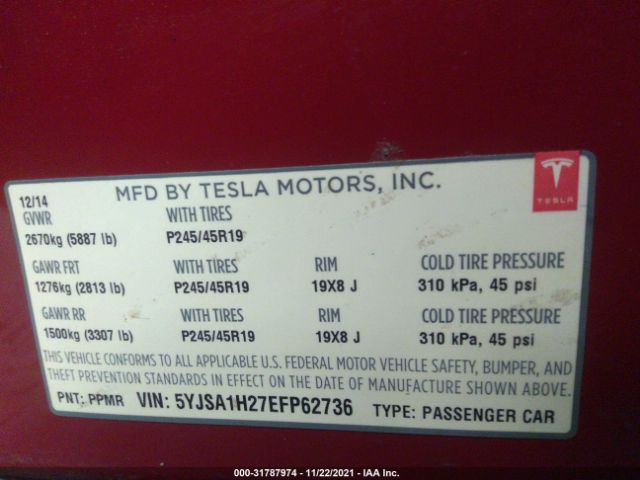 Photo 8 VIN: 5YJSA1H27EFP62736 - TESLA MODEL S 