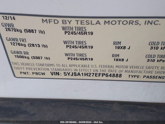 Photo 8 VIN: 5YJSA1H27EFP64888 - TESLA MODEL S 