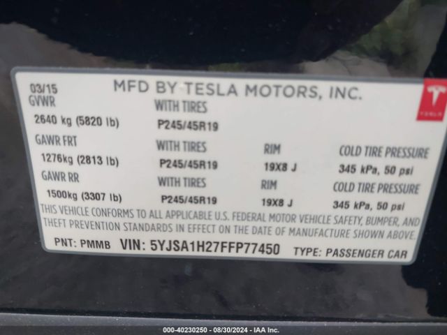 Photo 8 VIN: 5YJSA1H27FFP77450 - TESLA MODEL S 