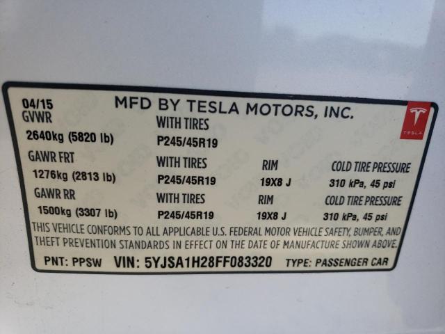 Photo 12 VIN: 5YJSA1H28FF083320 - TESLA MODEL S 85 