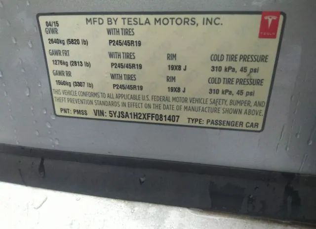 Photo 8 VIN: 5YJSA1H2XFF081407 - TESLA MODEL S 