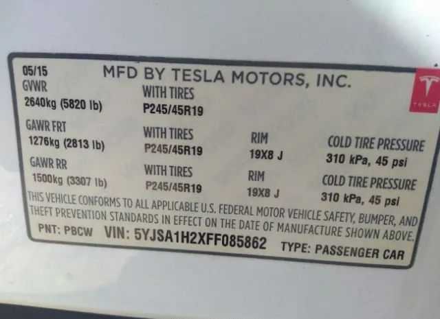 Photo 8 VIN: 5YJSA1H2XFF085862 - TESLA MODEL S 