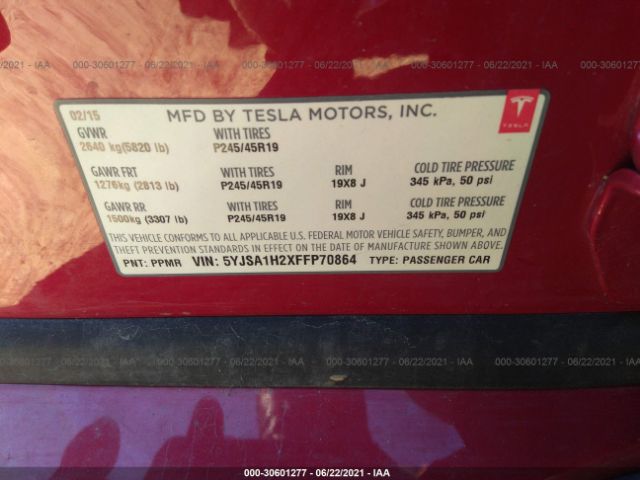 Photo 8 VIN: 5YJSA1H2XFFP70864 - TESLA MODEL S 