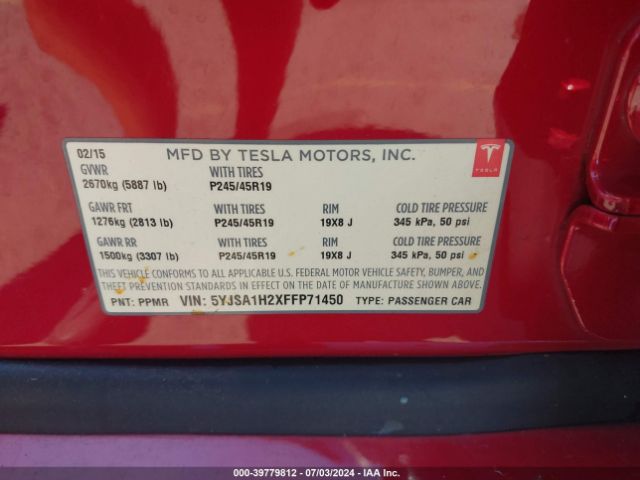 Photo 8 VIN: 5YJSA1H2XFFP71450 - TESLA MODEL S 