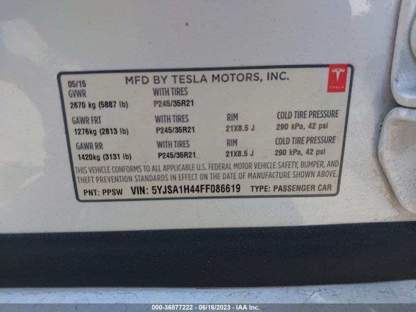 Photo 8 VIN: 5YJSA1H44FF086619 - TESLA MODEL S 