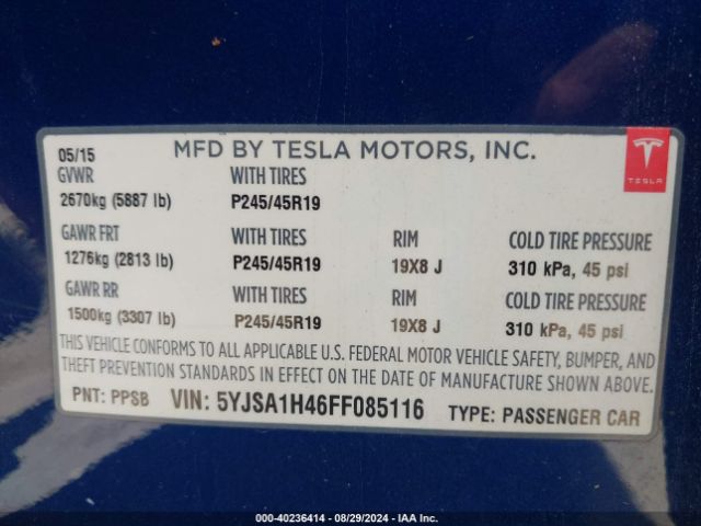 Photo 8 VIN: 5YJSA1H46FF085116 - TESLA MODEL S 