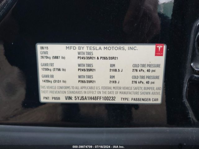 Photo 8 VIN: 5YJSA1H48FF100232 - TESLA MODEL S 