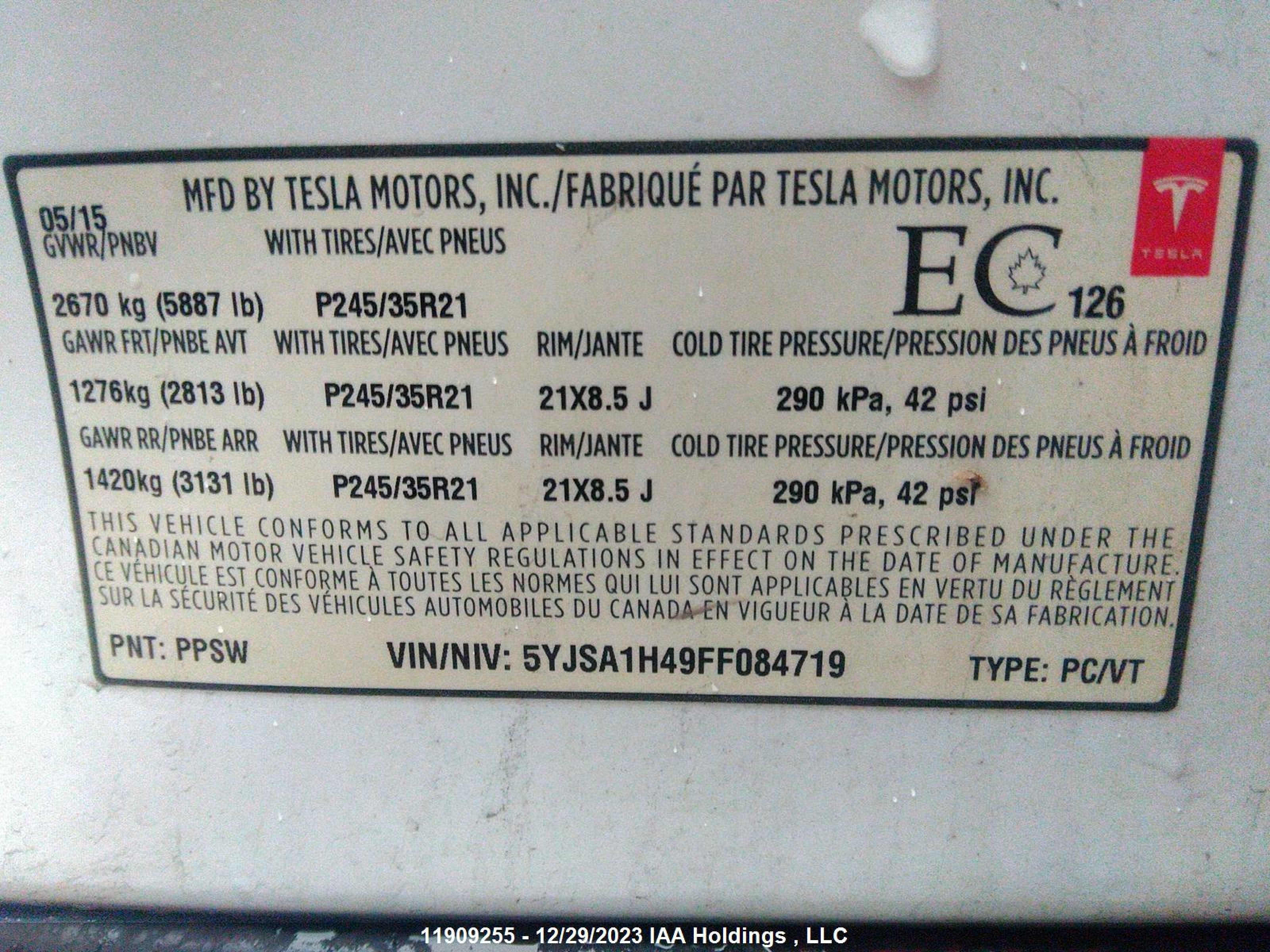 Photo 8 VIN: 5YJSA1H49FF084719 - TESLA MODEL S 