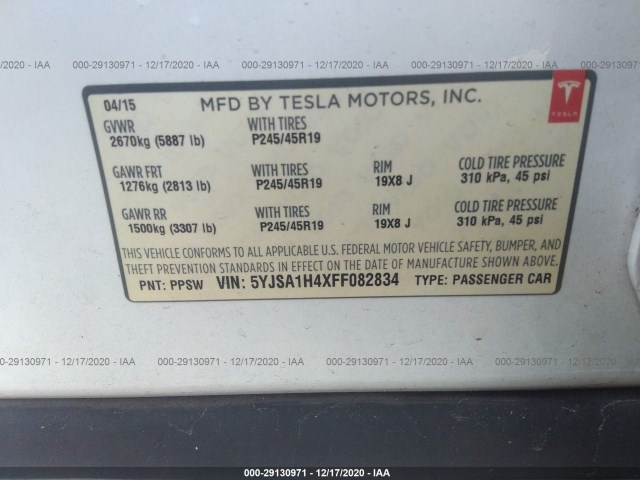 Photo 8 VIN: 5YJSA1H4XFF082834 - TESLA MODEL S 