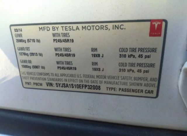 Photo 8 VIN: 5YJSA1S10EFP32008 - TESLA MODEL S 