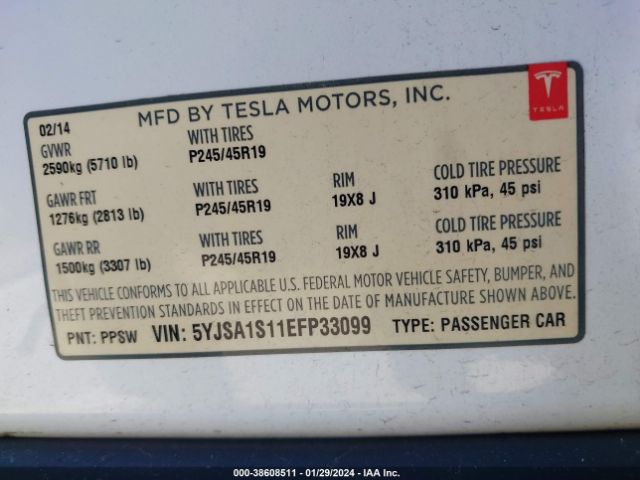 Photo 8 VIN: 5YJSA1S11EFP33099 - TESLA MODEL S 