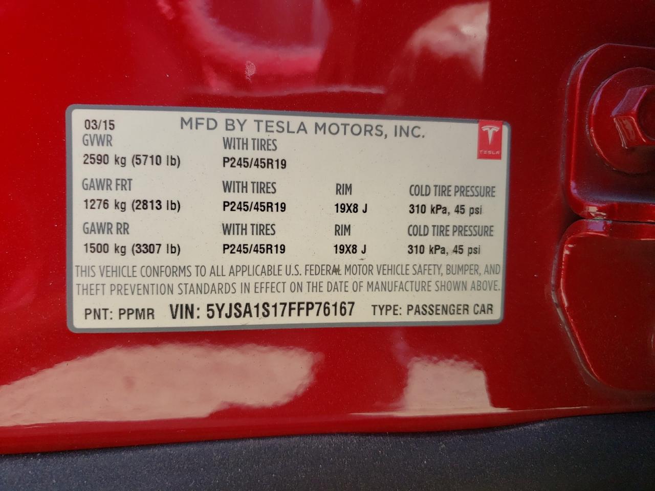 Photo 12 VIN: 5YJSA1S17FFP76167 - TESLA MODEL S 