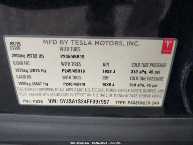 Photo 8 VIN: 5YJSA1S24FF097997 - TESLA MODEL S 