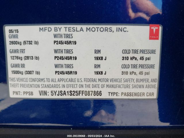 Photo 8 VIN: 5YJSA1S25FF087866 - TESLA MODEL S 