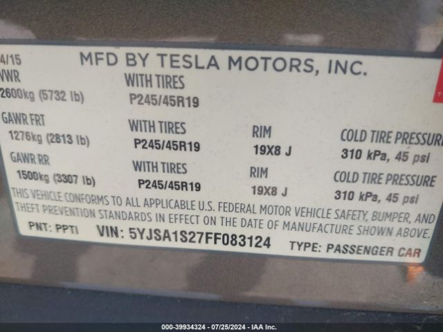 Photo 8 VIN: 5YJSA1S27FF083124 - TESLA MODEL S 